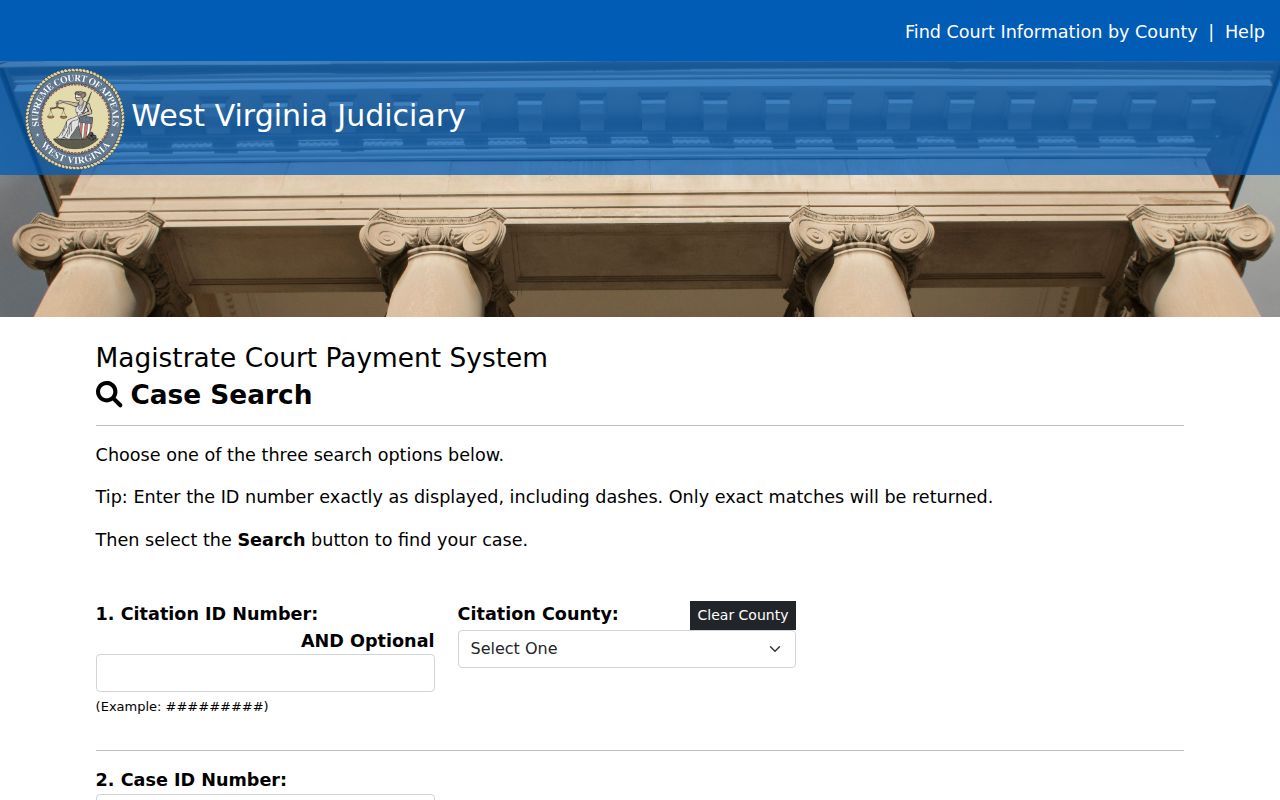 Magistrate payment search fields for Mineral County criminal matters
