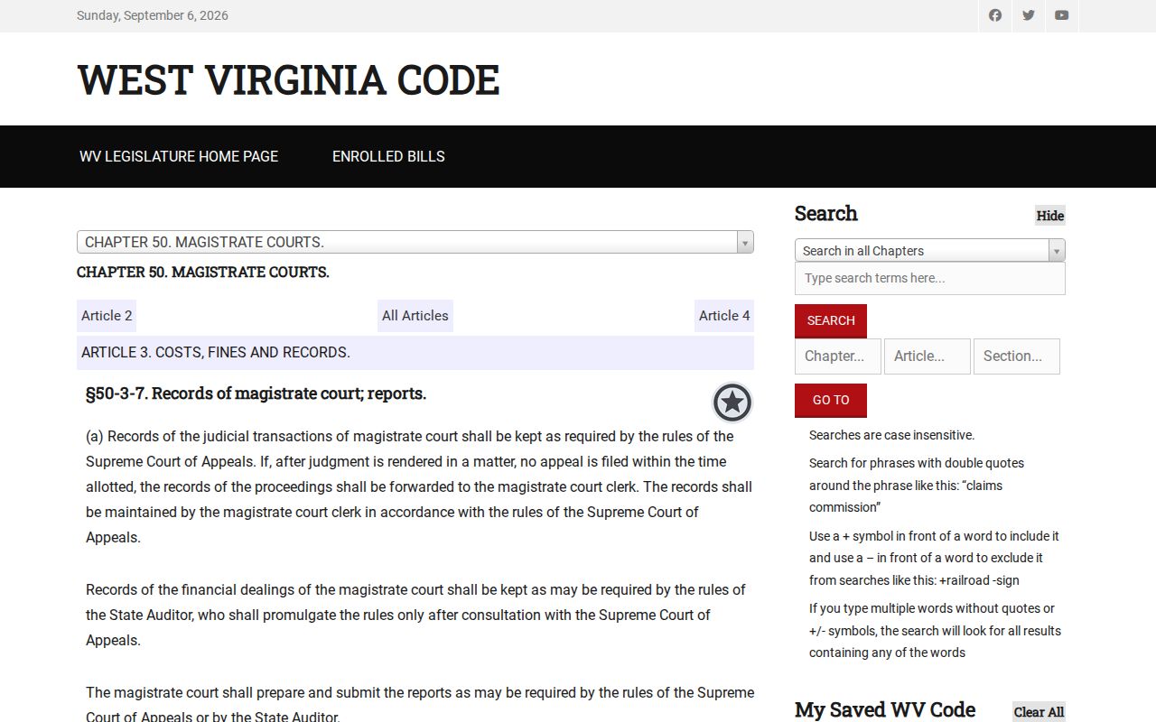 West Virginia Magistrate recordkeeping law relevant to Mineral criminal dockets