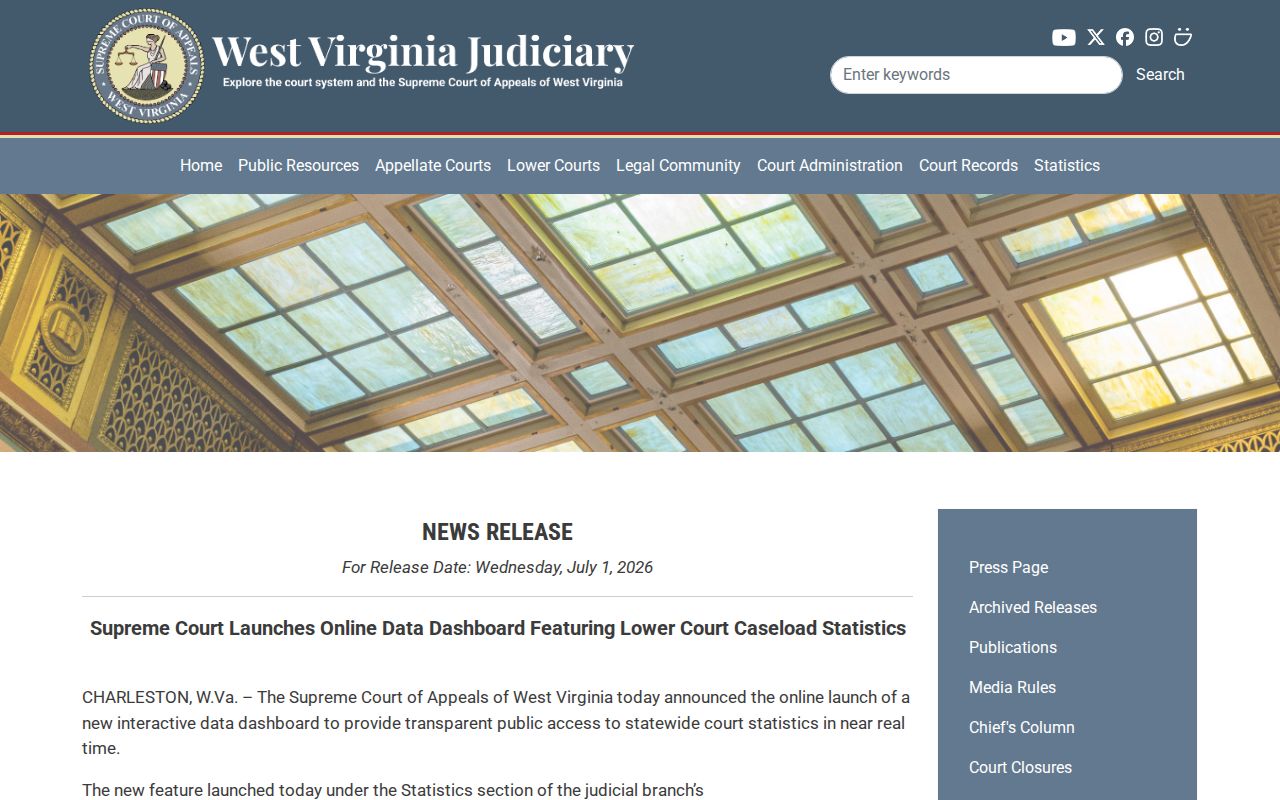 West Virginia Judiciary announcement of online court dashboards