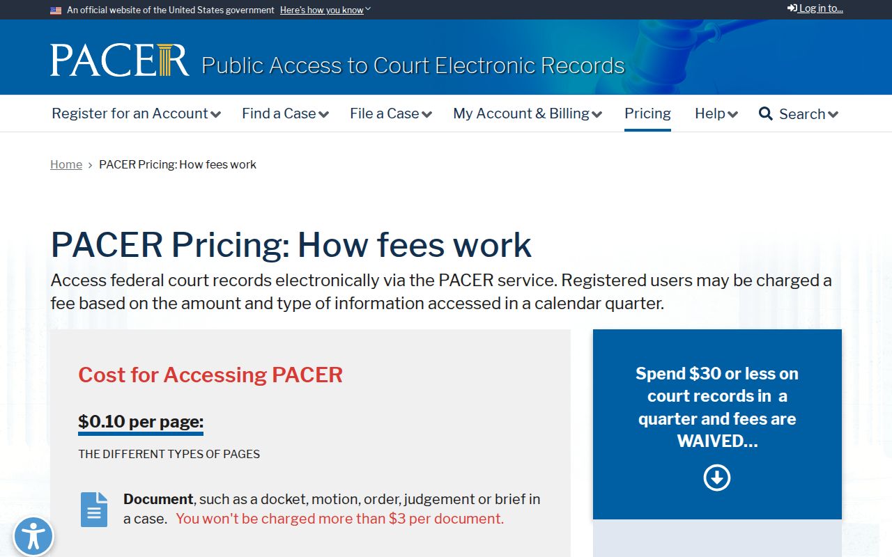 Federal PACER pricing for a Mineral County case search