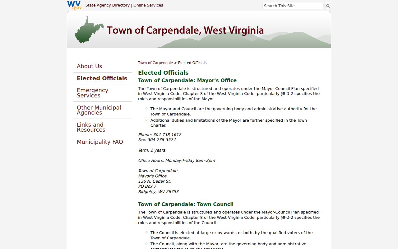 Carpendale elected officials page showing town government routing
