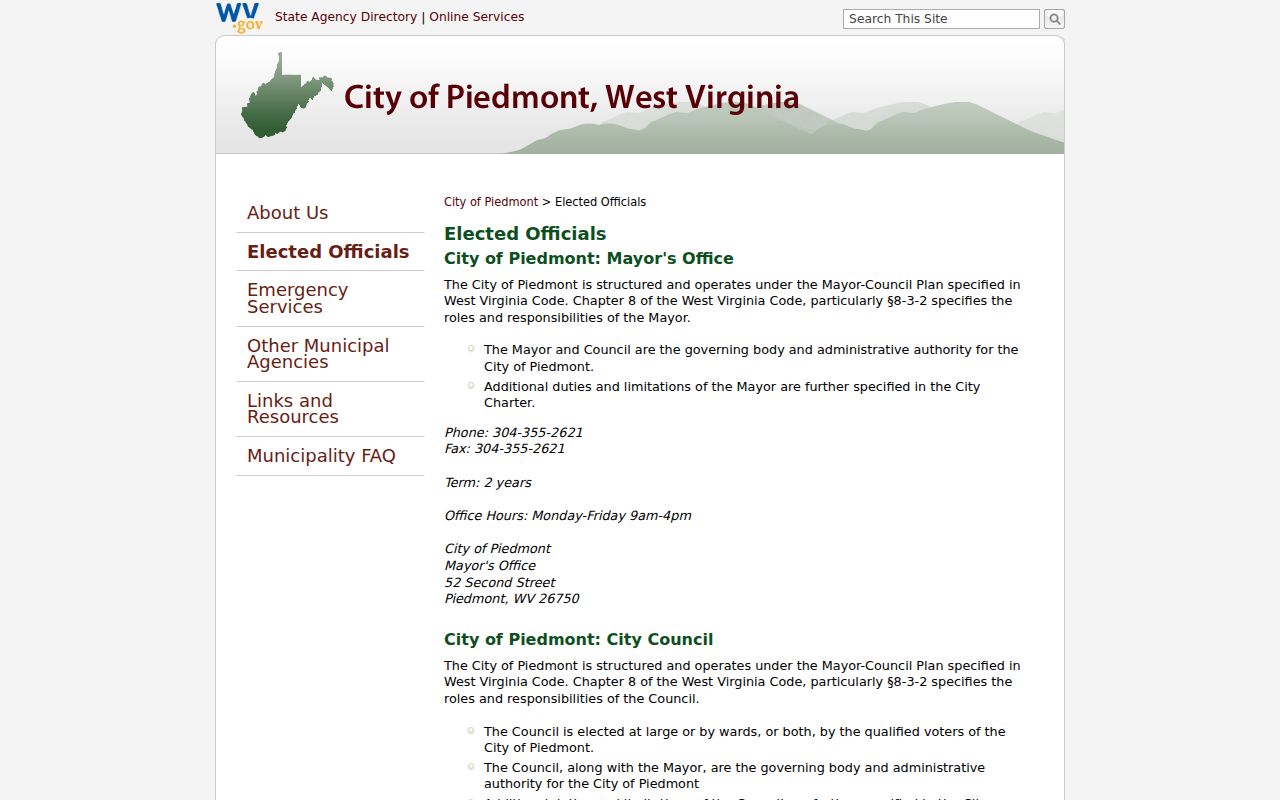 Piedmont elected officials page showing municipal structure