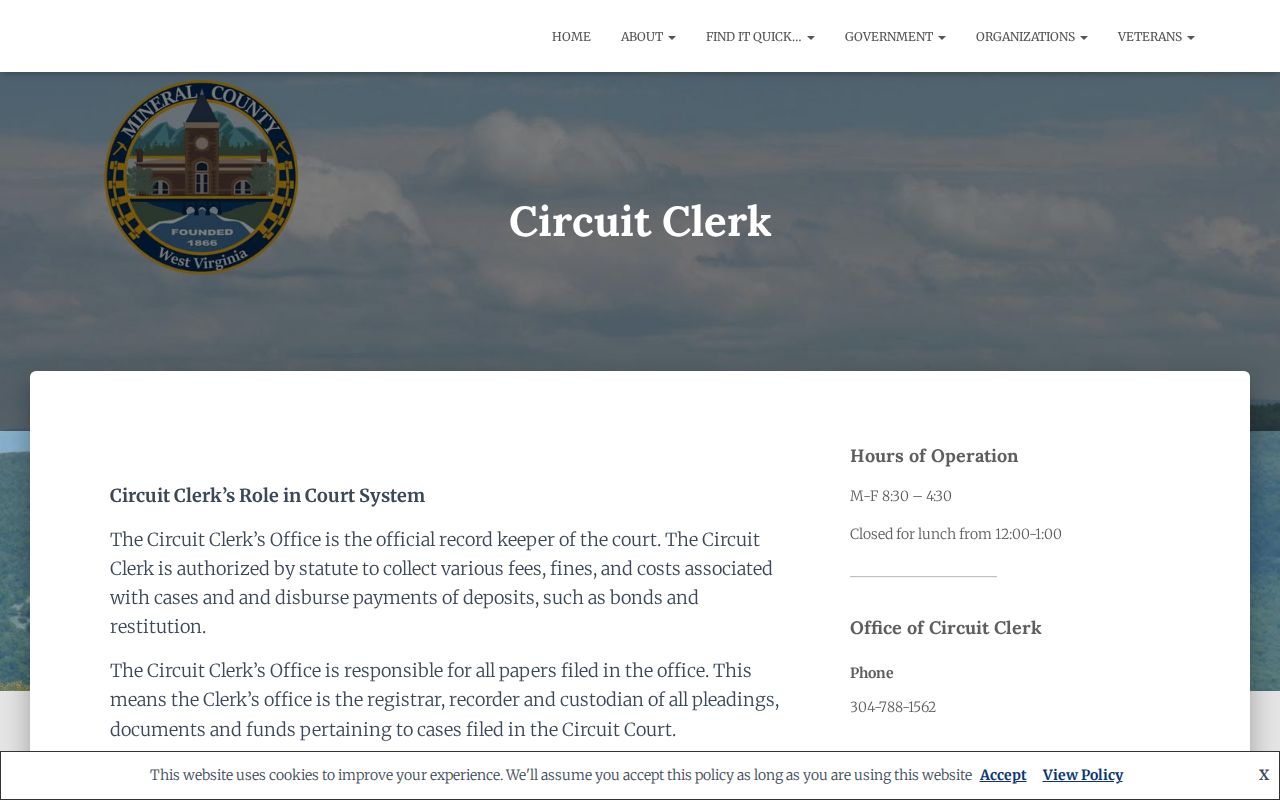 Mineral County Circuit Clerk page describing court record custody